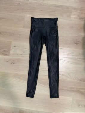 SPANX Black Faux Leather-Look Leggings with Red Logo Tag